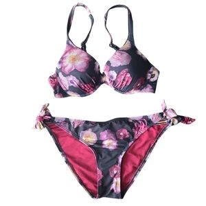Floral Bra Top Ruched Bottoms Padded  Underwire Bikini Set Size Small Medium